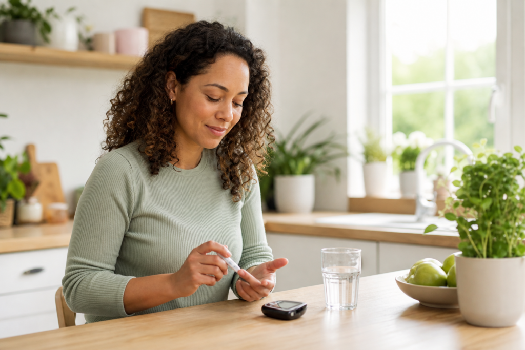 Signs Your Blood Sugar May Be Too High 1 Woman checking her blood sugar with a glucometer in a bright kitchen