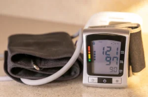 Home blood pressure monitor and stethoscope on a kitchen counter, used by an adult over 40 in Collin County tracking weekly readings