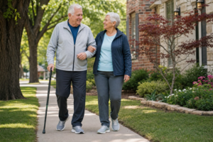 Senior couple walking safely on a sunny sidewalk in a Plano neighborhood