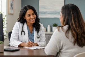 Adult patient talking with a primary care doctor about preventive health screenings in Plano