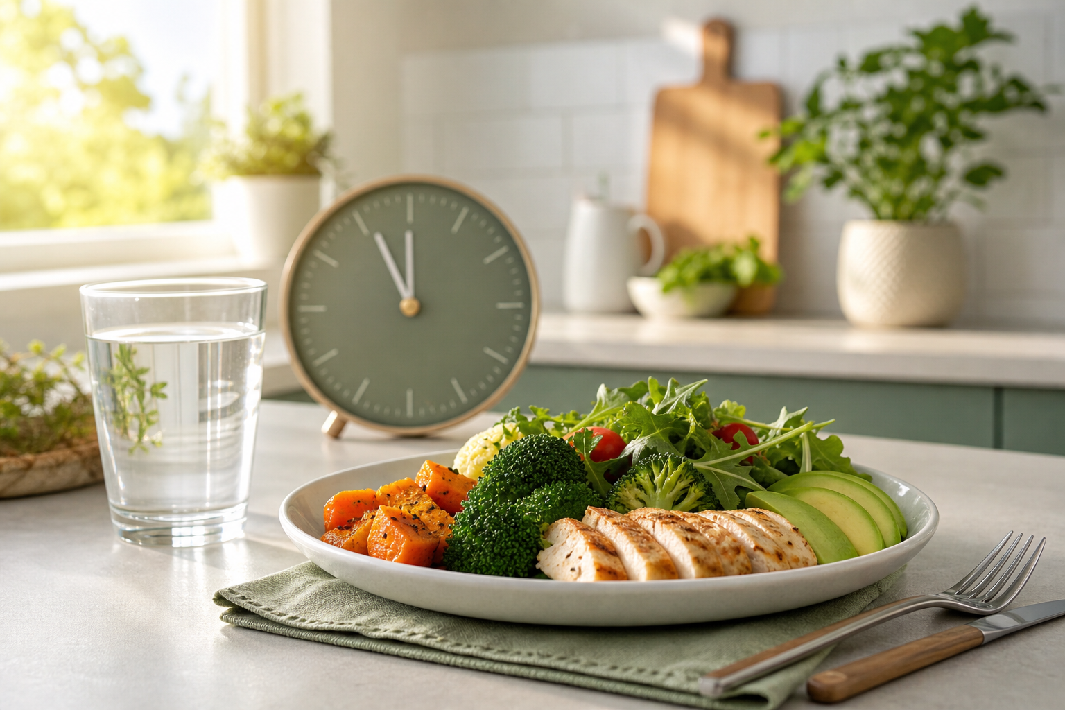 Healthy meal and water representing 16:8 intermittent fasting eating window - Better Health