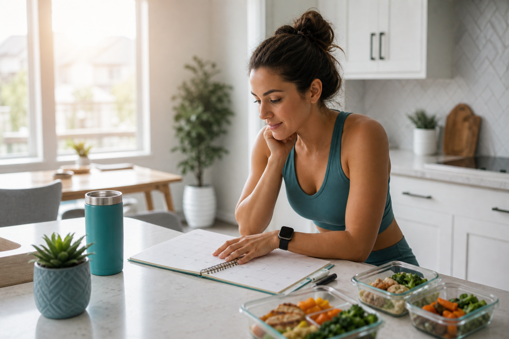 Person planning a 30-day intermittent fasting schedule with healthy meal prep in a bright kitchen
