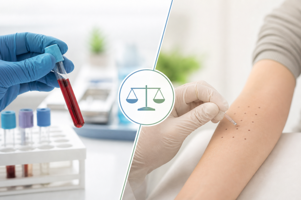 Illustration comparing allergy blood draw and skin prick testing for a primary care blog article