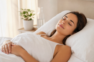 Person sleeping on their back on a white pillow, illustrating back sleeping for facial skin health