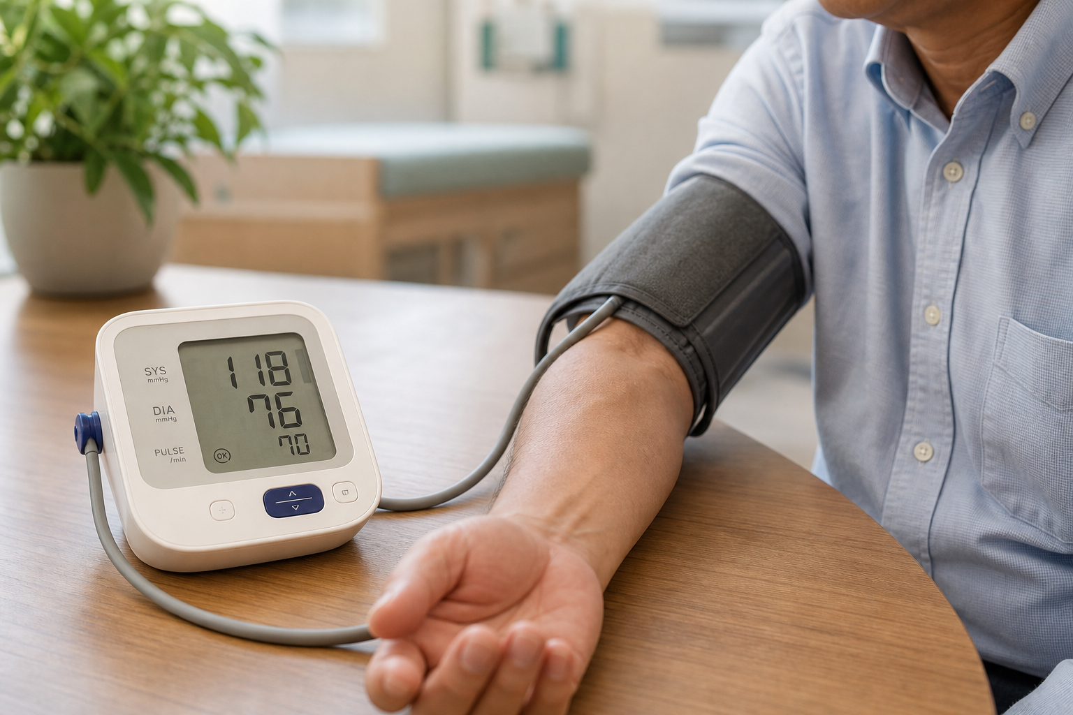 Adult using a digital blood pressure cuff to check their reading at home