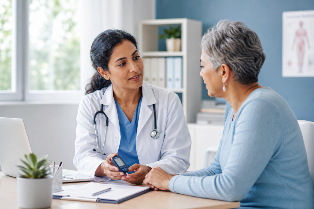 Doctor and patient discussing Type 1 and Type 2 diabetes in a primary care clinic