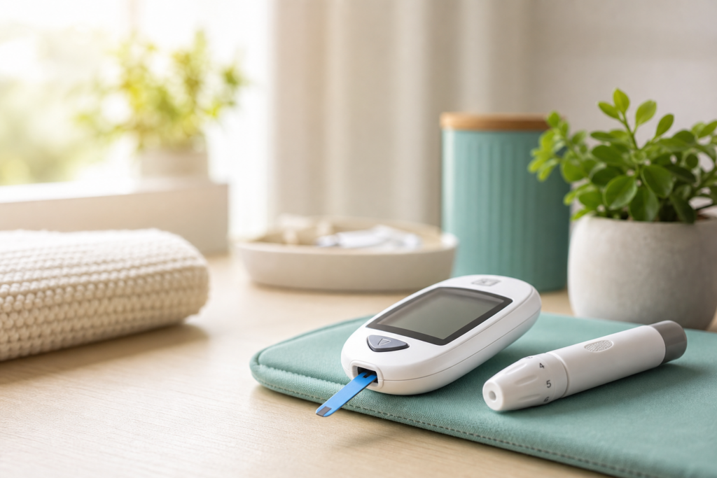 Blood glucose meter on a desk for diabetes type 2 screening and A1C awareness