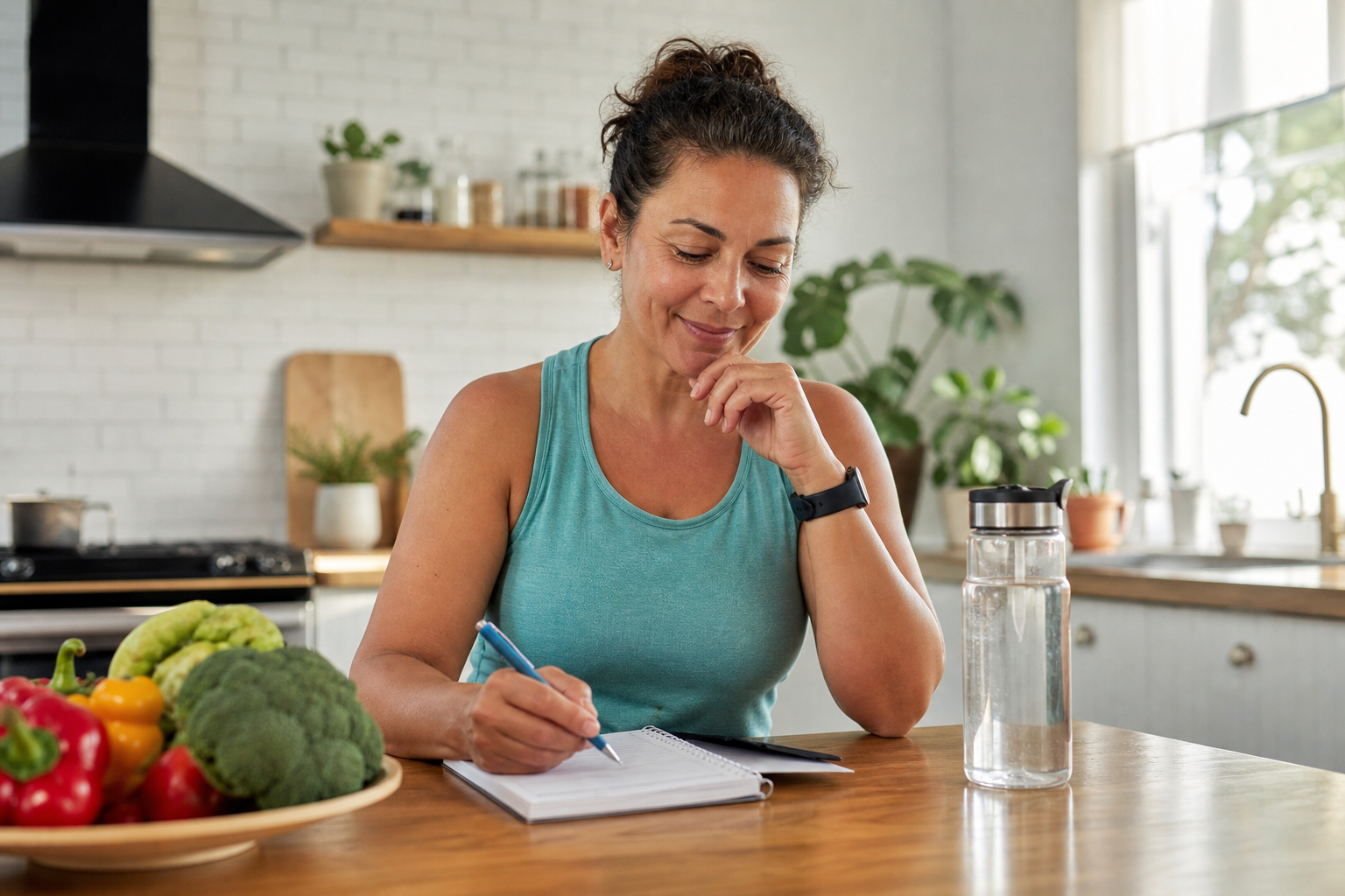 Adult reviewing a health checklist at a kitchen table before starting a diet and exercise plan