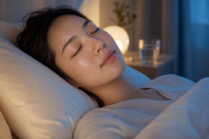 Peaceful person sleeping on their back with healthy facial skin, illustrating overnight skin care and pores during sleep