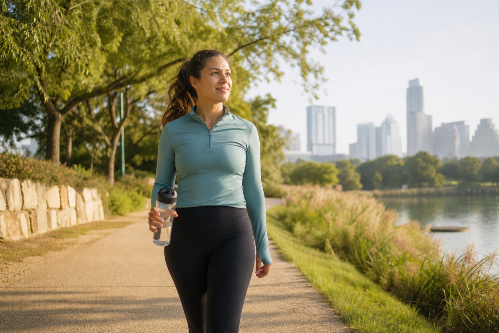 Person walking on a sunny Texas trail during morning exercise for intermittent fasting and walking wellness