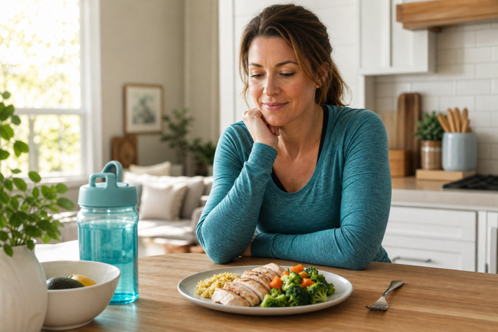 Woman considering healthy meal and realistic intermittent fasting weight loss expectations