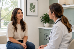 Woman discussing hormonal imbalance symptoms with her doctor at a primary care clinic in Plano Texas