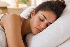 Person sleeping on their side with face resting on a white pillow