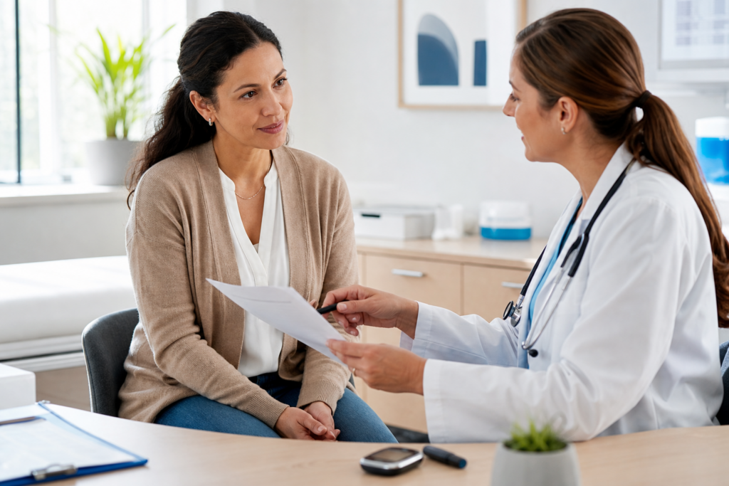 Patient reviewing A1C blood test results with a primary care clinician