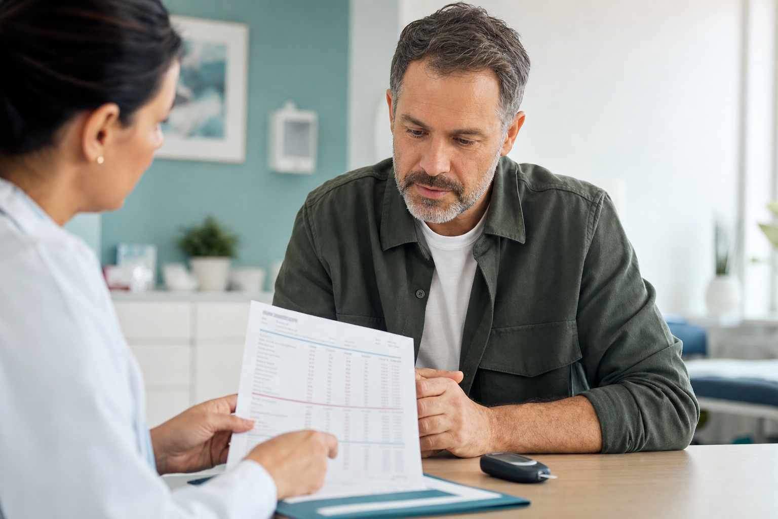 Adult reviewing diabetes lab results with a clinician, illustrating adult onset type 1 diabetes testing and diagnosis