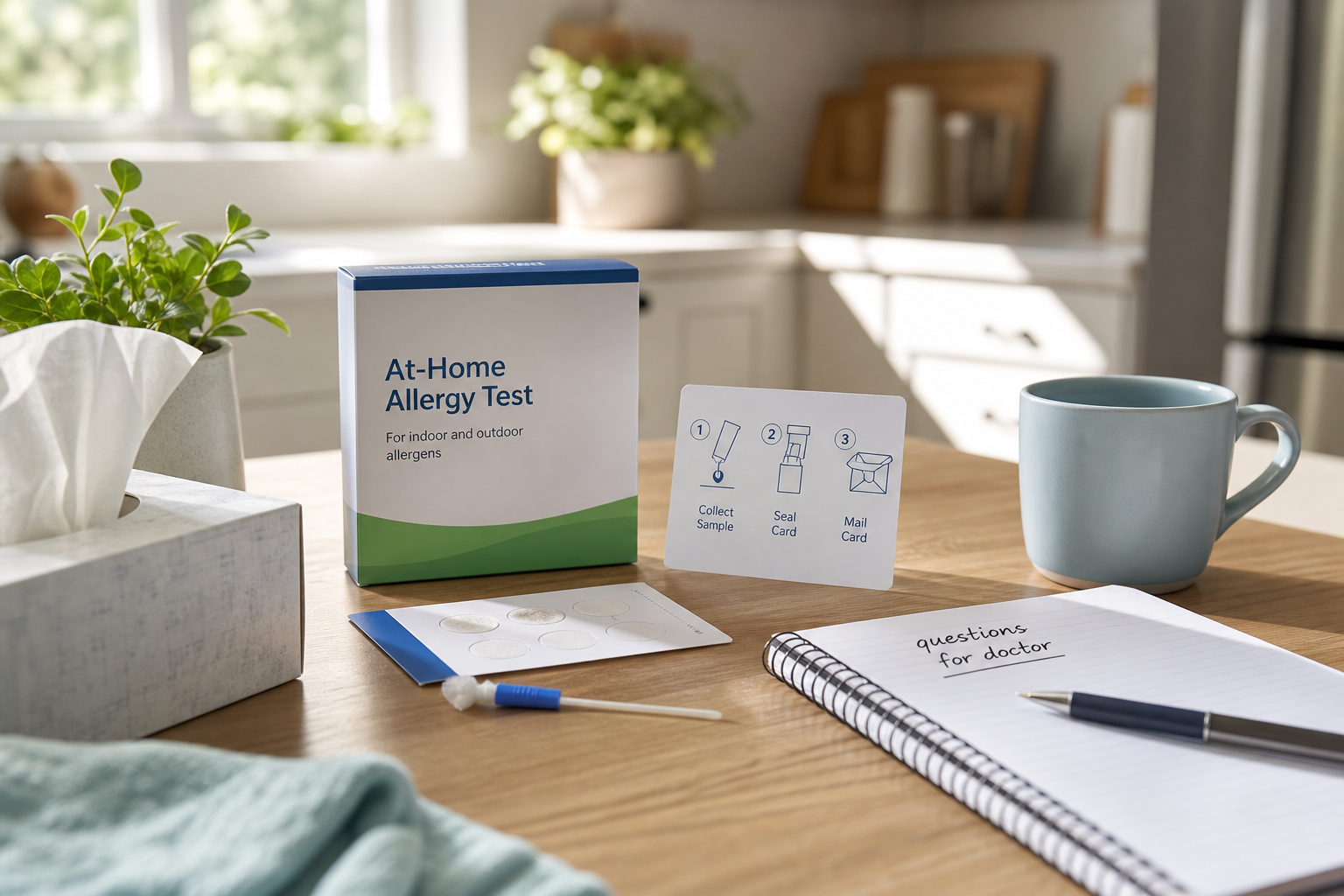 At-home allergy test kit with notes for a doctor on a kitchen table