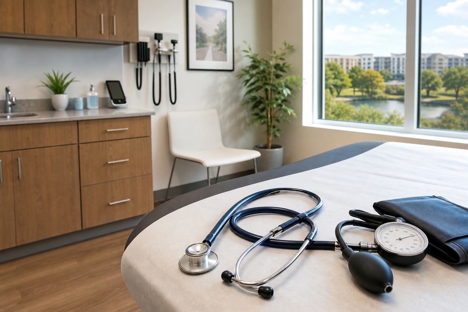 Exam room with stethoscope and blood pressure cuff prepared for an annual physical near Frisco