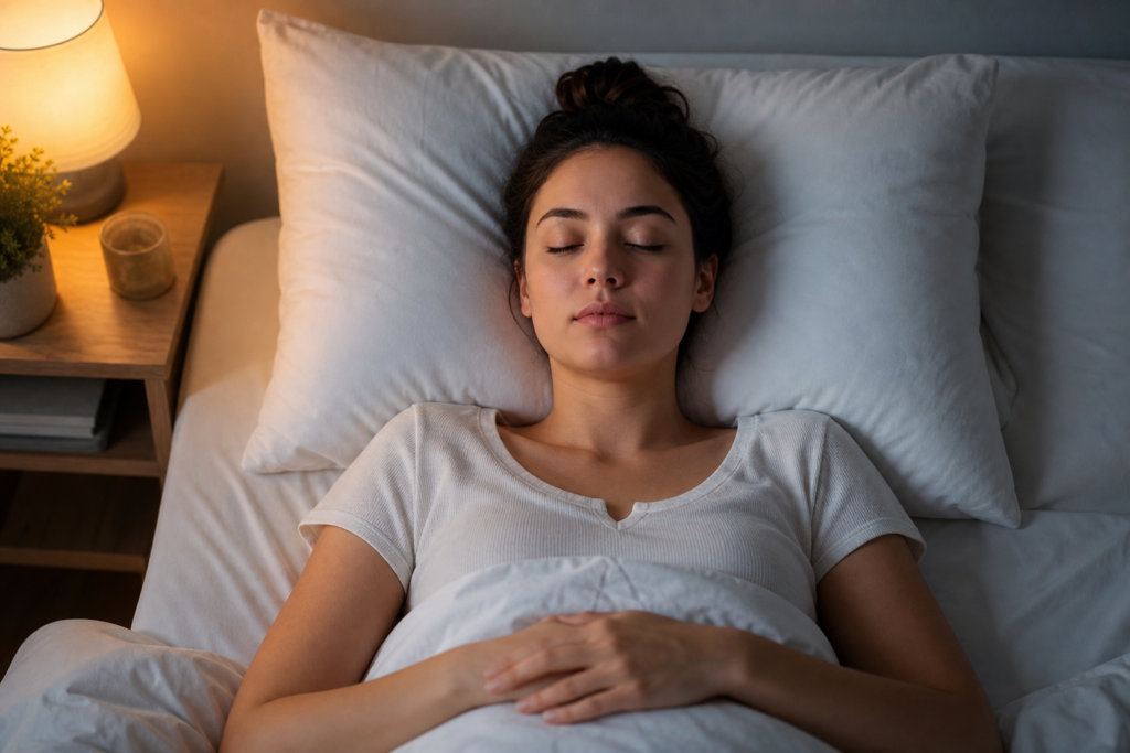 Best Sleeping Position for Acne-Prone Skin 6 Person sleeping on their back on a clean pillow, illustrating the best sleeping position for acne-prone skin