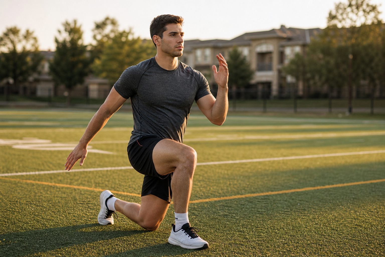 Athlete doing a dynamic warm-up on a sports field before practice