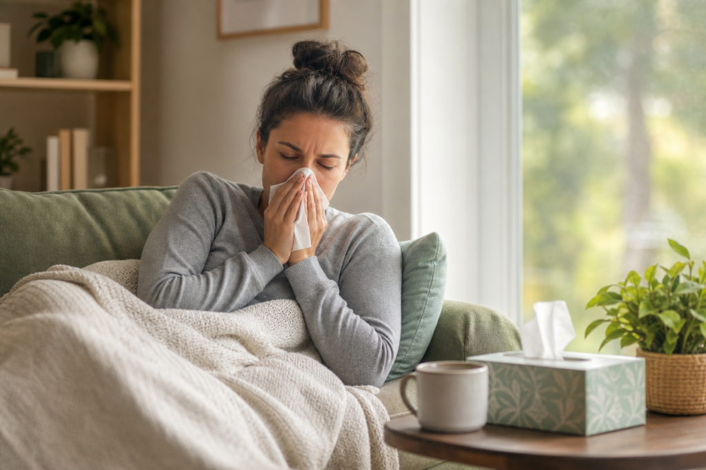 Adult resting at home during a cold, illustrating how long colds last