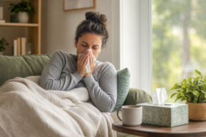 Adult resting at home during a cold, illustrating how long colds last