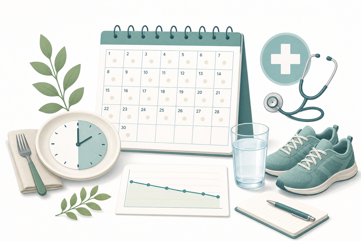 Calendar, eating-window clock, water, and walking shoes illustrating intermittent fasting before and after 30 days with primary-care guidance
