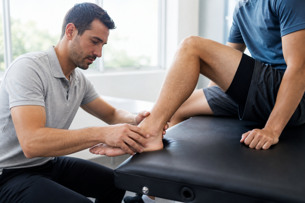Sports Injury Treatment in Plano: What Care Looks Like 7 Clinician examining an athlete ankle injury during a sports medicine evaluation