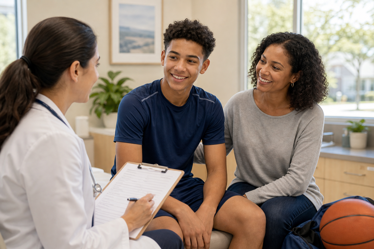 Teen athlete with parent at Plano primary care clinic for sports physical exam