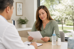 Clinician and patient discussing allergy treatment options in a bright Plano clinic consultation room