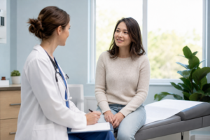 Clinician and patient during annual physical exam visit