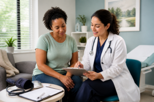 Clinician and patient reviewing an annual physical checklist in a Farmers Branch primary care visit
