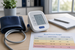 Blood pressure ranges chart showing normal, elevated, stage 1, and stage 2 categories