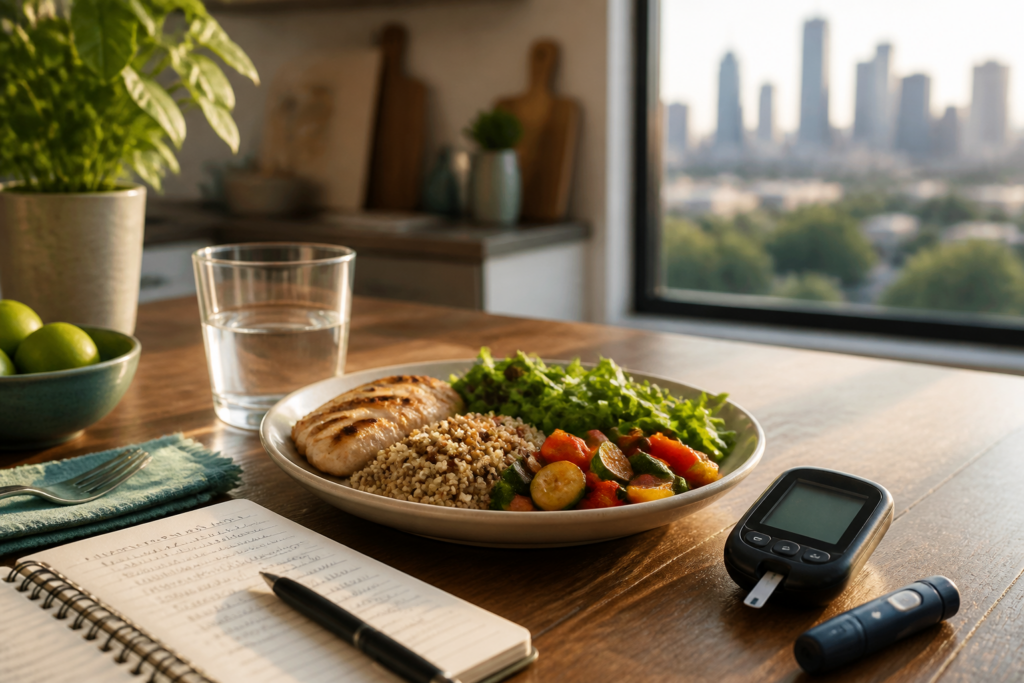 Balanced meal and glucose meter on a kitchen table for diabetes nutrition care