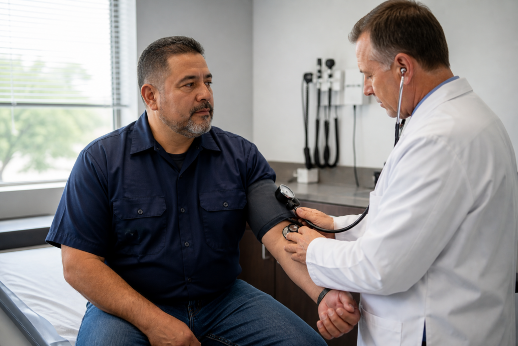DOT Physical in Carrollton: What It Includes and How to Book 3 Clinician checking a commercial driver's blood pressure during a DOT physical exam in Carrollton, Texas