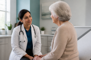 Physician speaking with an older adult patient during a senior care visit