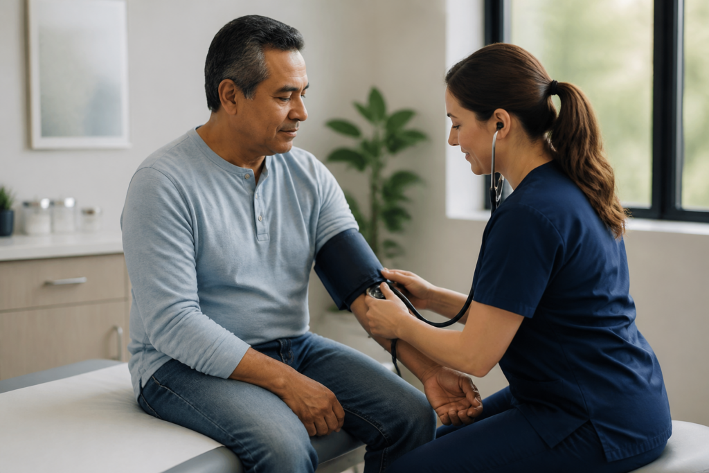 Hypertension Treatment in Frisco: What Primary Care Can Manage 1 Clinician checking a patient blood pressure in a primary care exam room