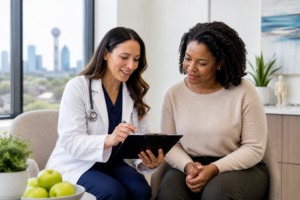 Doctor and patient reviewing a medical weight loss plan in a Dallas clinic