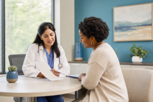 Clinician and patient discussing a primary care visit in Addison