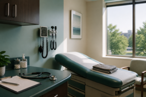 Modern primary care exam room with blood pressure cuff and stethoscope, Plano clinic setting