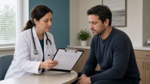Clinician and adult patient reviewing an allergy symptom checklist in a Plano primary care exam room
