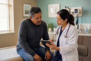 Primary care clinician reviewing diabetes lab results with an adult patient in a Lewisville-area exam room