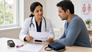 Clinician reviewing A1C lab results with a patient during a diabetes visit in Plano
