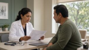 Endocrinologist reviewing lab results with a patient during a Carrollton clinic visit