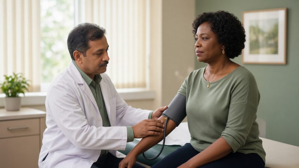 Hypertension Treatment in Dallas: What Primary Care Can Manage 1 Primary care clinician checking an adult patient’s blood pressure in a North Dallas exam room