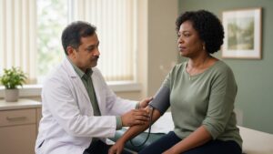 Primary care clinician checking an adult patient’s blood pressure in a North Dallas exam room