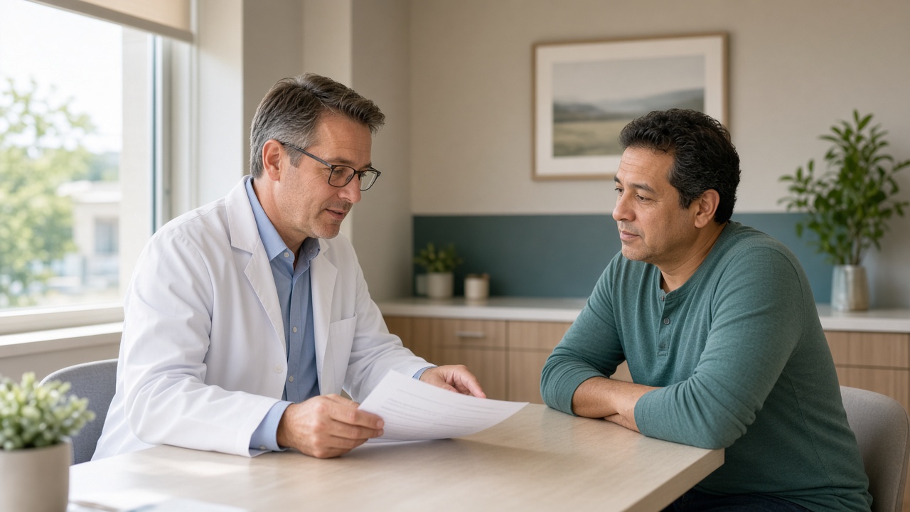 Physician reviewing a medical weight-loss plan with an adult patient in a North Texas clinic exam room