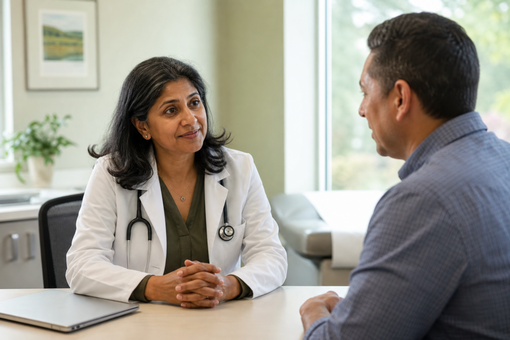 Primary Care in Carrollton: How to Choose a Doctor and What to Expect 2 Physician talking with an adult patient during a primary care visit in a bright clinic exam room