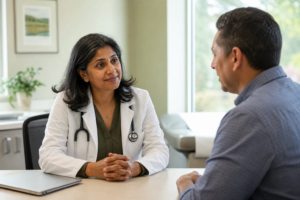 Physician talking with an adult patient during a primary care visit in a bright clinic exam room