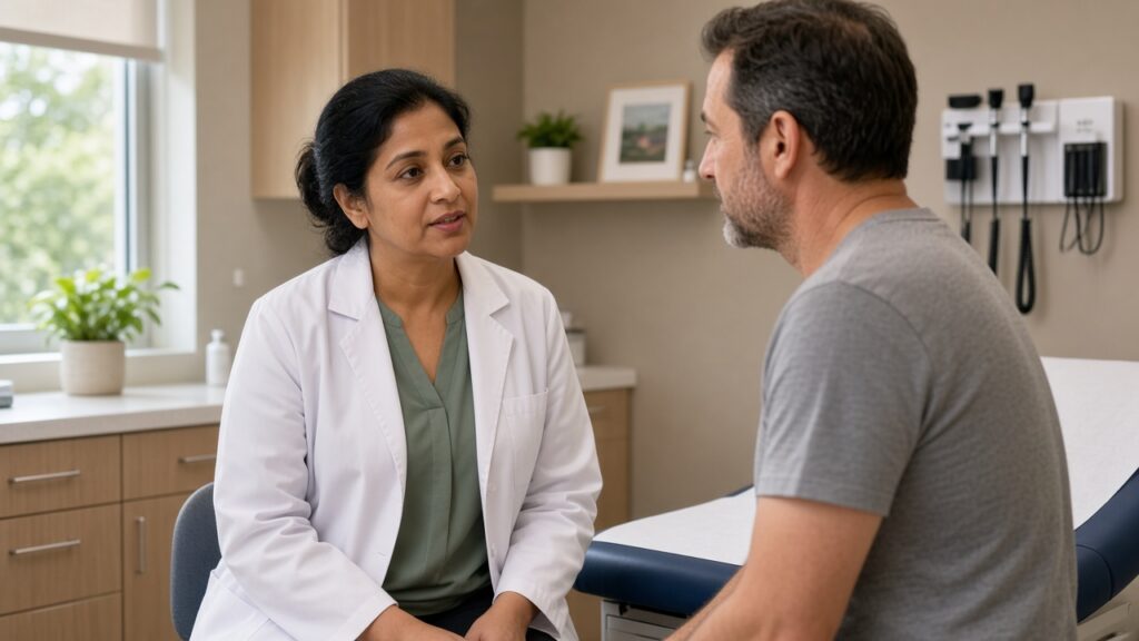 Primary Care in Coppell: Family Medicine Without Starting at Urgent Care 7 Physician speaking with an adult patient during a primary care visit in Coppell, Texas