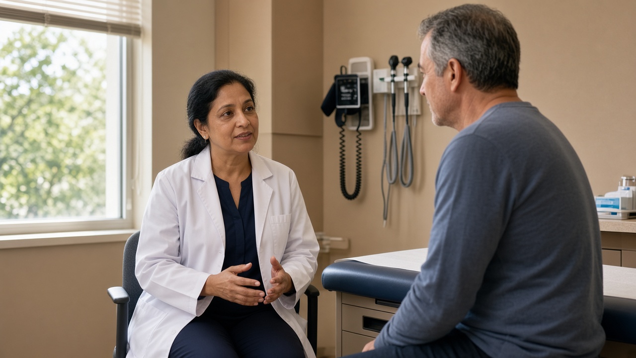 Physician talking with an adult patient during a primary care visit in a calm exam room
